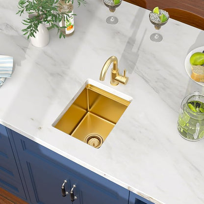 Undermount Gold Bar Sink 12"x15" Workstation Undermount Small Kitchen Sink Small Wet Bar Sink 16 Gauge Stainless Steel for RV Kitchen, LKU0212159G