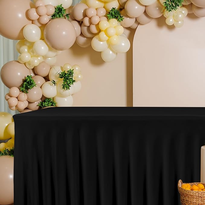4 Pack Black Spandex Table Covers 8ft Rectangle Ruffle Skirts for Party | Elastic Table Covers 8 Foot, Pleated Fitted Table Cloths, Wrinkle Resistant Elegant Table Skirts Wedding, Banquets
