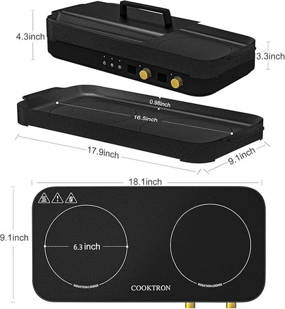 COOKTRON Portable Induction Cooktop 2 Burner with Removable Iron Cast Griddle Pan Non-stick, 1800W Double Induction Cooktop with Child Safety Lock & Time, Great for Family Party