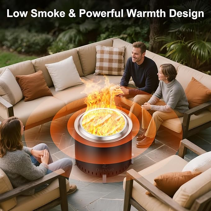 OutVue 19.5 inch Stainless Steel Smokeless Fire Pit, Outdoor Smokeless Firepit with Tote Bag&Fire Poker, Wood Burning Fire Pits for Camping, Bonfire, Low Smoke Firepit for Outside