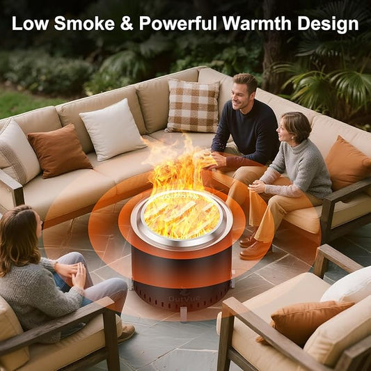 OutVue 19.5 inch Stainless Steel Smokeless Fire Pit, Outdoor Smokeless Firepit with Tote Bag&Fire Poker, Wood Burning Fire Pits for Camping, Bonfire, Low Smoke Firepit for Outside