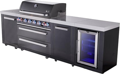 Mont Alpi 119"W x 23"D x 46"H Black Stainless Steel Outdoor Kitchen Island with Refrigerator + 44"W 6-Burner BBQ Grill + Granite Countertops + Storage Cabinets + Chopping Board + Rotisserie + Cover