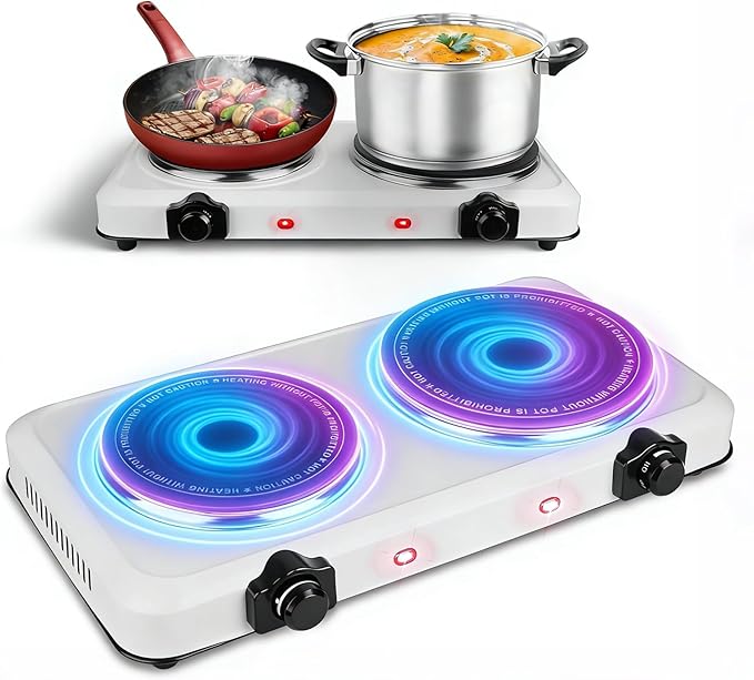 1800W Infrared Double Burner, Portable Hot Plate for Cooking, Countertop Burner with 7.5” & 6.3” Glass Plate Electric Cooktop with Stepless Temperature Adjustments for Home RV Camping