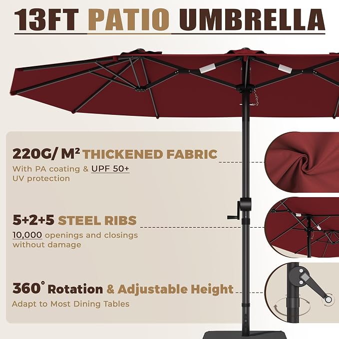GDPFN 13FT Large Patio Umbrella with Base Included, Outdoor Deck Standing Umbrella with Crank Handle, Double-Side Rectangular Pool Umbrella for Outside, Market, Patio, Burgundy (Base Not Include)