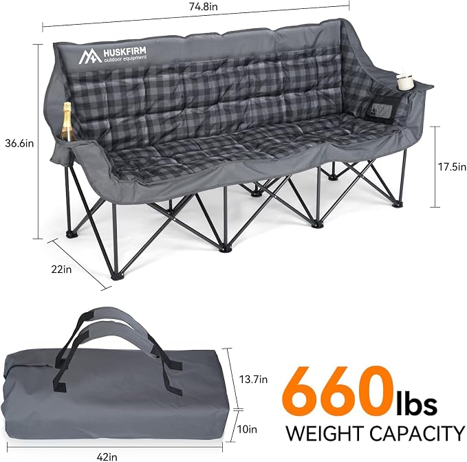 Huskfirm 3 Person Camping Chair Padded Loveseat Camping Chair Folding Grey | Camping Couch Portable Double Camping Chairs Heavy Duty Camp Chair for Adults Outdoor Lawn with Two Cup Holders and Carry Bag