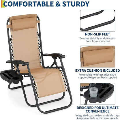 Garvee Camping Chairs Set of 2, Patio Lounge Chair Outdoor with Pillows & Cup Holder Trays, Adjustable Folding Patio Lawn Chair for Deck,Beach, Yard Khaki