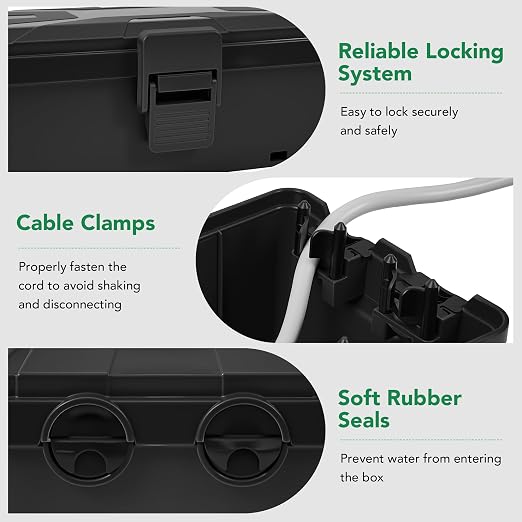 Medium Outdoor Electrical Box(10.4x6x4.2inch), IP54 Waterproof, Weatherproof Connection Box w/6 Cable Entry Ports, Extension Cord Cover Protect Power Strip, String Lights, Timer, Plug, Black