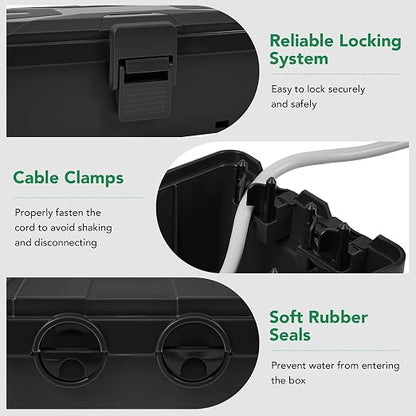 Medium Outdoor Electrical Box(10.4x6x4.2inch), IP54 Waterproof, Weatherproof Connection Box w/6 Cable Entry Ports, Extension Cord Cover Protect Power Strip, String Lights, Timer, Plug, Black