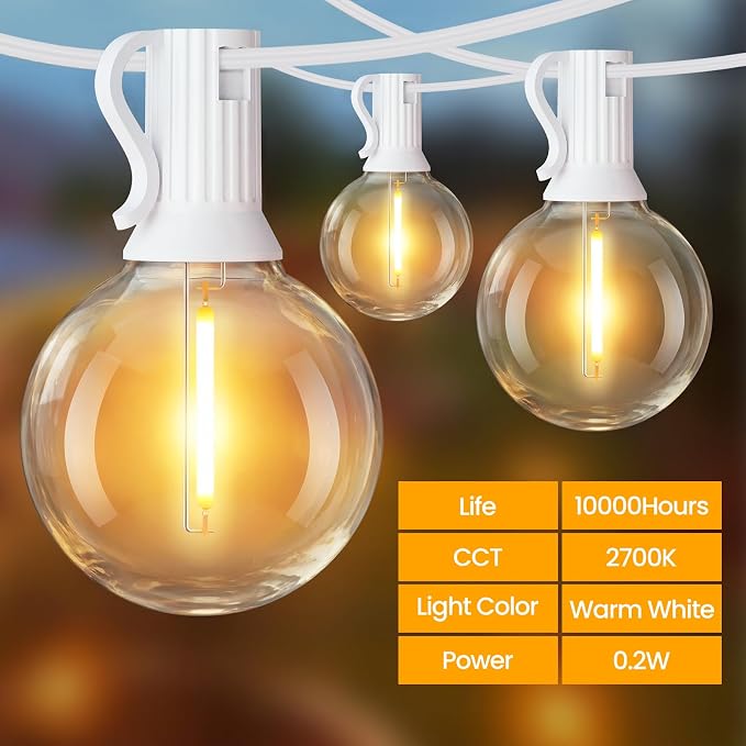Mlambert 25FT Solar Powered String Lights Outdoor, Waterproof Solar Patio Light String with 10+1 Shatterproof LED G40 Bulbs for Backyard Garden-White