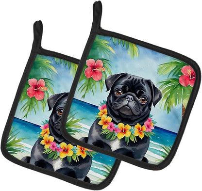 Caroline's Treasures Black Pug Luau Pair of Pot Holders Kitchen Heat Resistant Pot Holders Sets Oven Hot Pads for Cooking Baking BBQ, 7 1/2 x 7 1/2