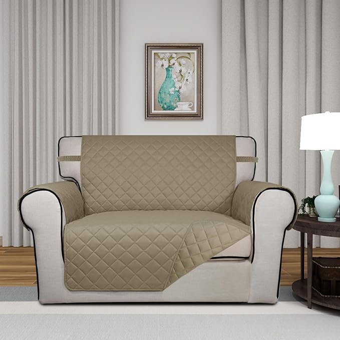 PureFit Reversible Quilted Sofa Cover Dog Couch Covers for Sofa, 28 in | Beige/Beige, Water Resistant Couch Protector, Washable Pet Couch Cover with Non Slip and Elastic Straps For Kids