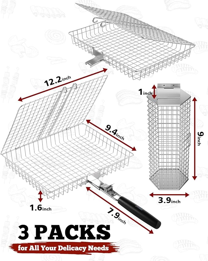 Grill Baskets for Outdoor Grilling, 3PCS Grilling Baskets with Removable Handle, Stainless BBQ Accessories for Vegetables, Fish, Shrimp, Outdoor Camping Cooking Tools Gifts for Men Dad