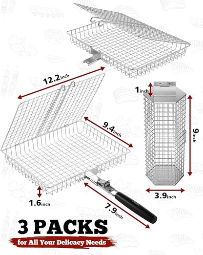 Grill Baskets for Outdoor Grilling, 3PCS Grilling Baskets with Removable Handle, Stainless BBQ Accessories for Vegetables, Fish, Shrimp, Outdoor Camping Cooking Tools Gifts for Men Dad