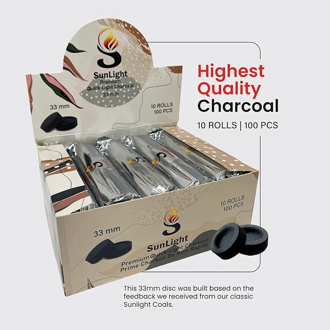 Sunlight Premium Charcoal Tablets for Incense - Instant Light - 100 Discs - 33mm - Resin Burner Rolls - Pack of 100 Coal Briquettes - Instant Fire Coal