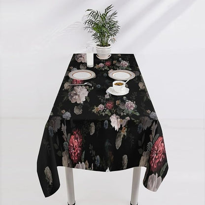 Vintage Florals Tablecloth, Black Pink Garden Gothic Flowers Rustic Roses Boho Botanical Plant Water Resistant Wipeable Table Cover for Picnic Party Holiday Kitchen Dinner Table 55"x75"