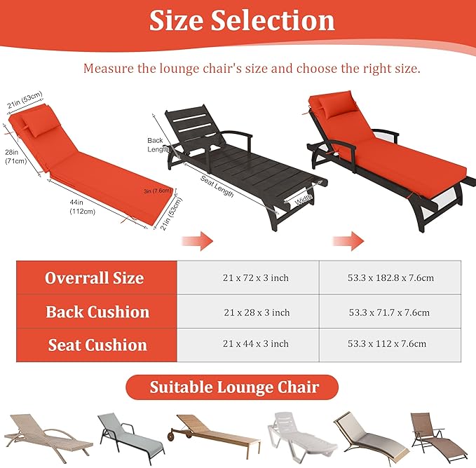 Chaise Lounge Cushions Outdoor Set of 2 Lounge Chair Cushion 72" L x 21" W with Headrest Straps 3'' Thick Waterproof Patio Chaise Cushions Pool Lounger Chair Cushion(Orange)
