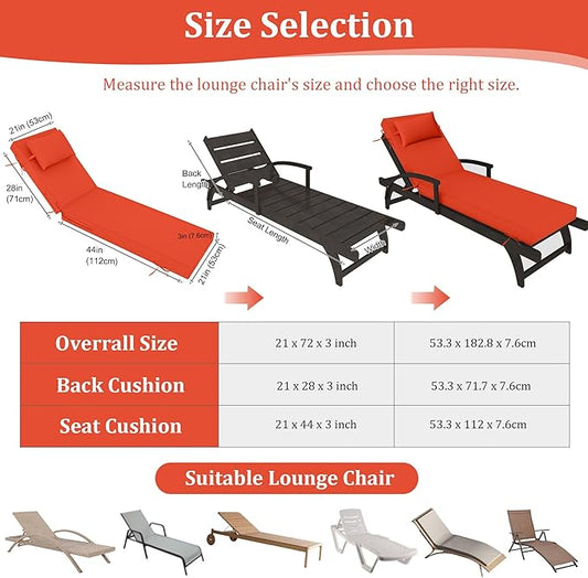 Chaise Lounge Cushions Outdoor Set of 2 Lounge Chair Cushion 72" L x 21" W with Headrest Straps 3'' Thick Waterproof Patio Chaise Cushions Pool Lounger Chair Cushion(Orange)