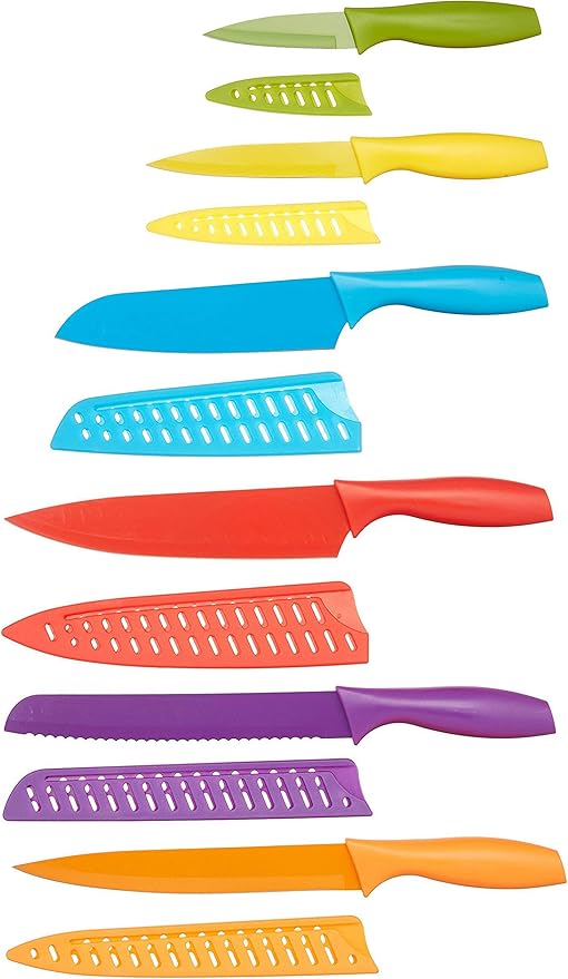 Amazon Basics Color-Coded Dishwasher Safe Kitchen Knife Set, 12-Piece with Ergonomic Handles, Non-stick Sharp Blades, 6 Knives with 6 Blade Guards, Multicolor, 13.88 x 4.13 x 1.38 inch