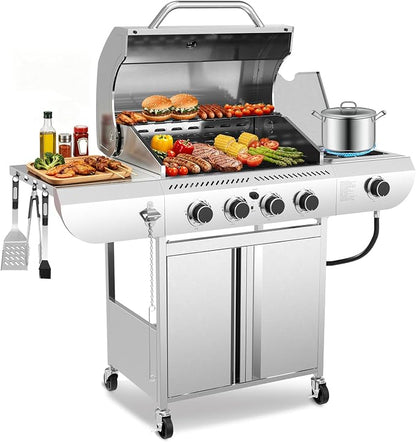 Kismile 4-Burner Propane Gas Grill with Side Burner, Stainless Steel 42,000 BTU BBQ Grill, Enameled Baking Rack & Enamel Grates, Barbecue Grill for Outdoor Cooking, Backyard, Patio, Deck Camping