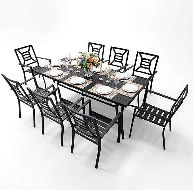 9 Piece Outdoor Patio Dining Sets, 77" Rectangular Metal Dining Table with Umbrella Hole & 8 Stackable Metal Chairs, Weather Resistant Garden Furniture Set for Backyard, Deck, Porch
