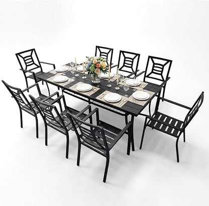 9 Piece Outdoor Patio Dining Sets, 77" Rectangular Metal Dining Table with Umbrella Hole & 8 Stackable Metal Chairs, Weather Resistant Garden Furniture Set for Backyard, Deck, Porch