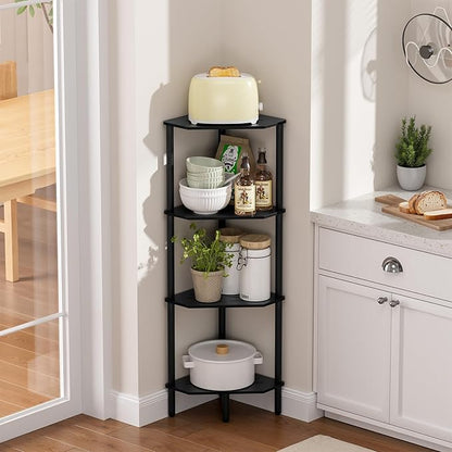 Corner Shelf Stand, 4 Tier Corner Bookshelf, Bamboo Storage Standing Shelf Unit, Tall Storage Plant Stand,Bookcase for Living Room, Home Office, Bedroom, Kitchen, Black