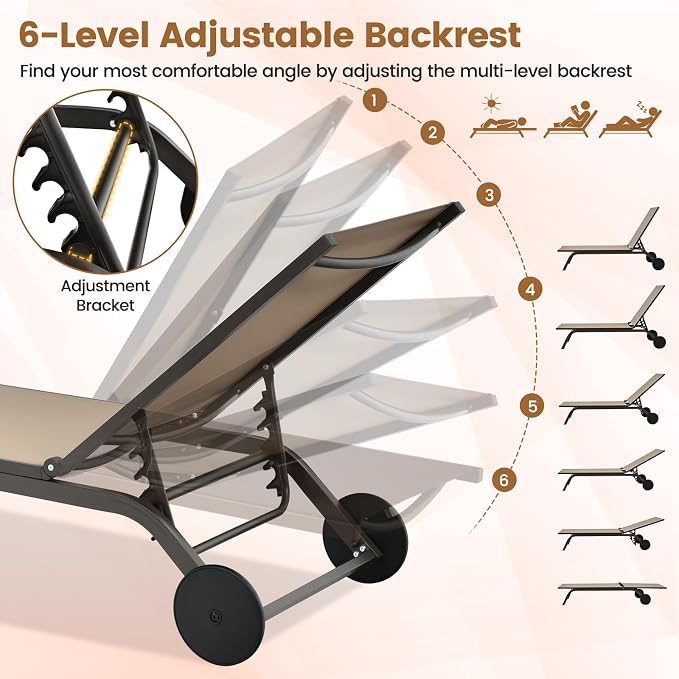 COSTWAY Outdoor Patio Chaise Lounge, 6-Position Adjustable Pool Lounger | with Stable Aluminum Frame, Portable Sun Bathing Lounge Chair on Wheels for Backyard Garden, Brown