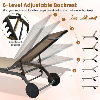 COSTWAY Outdoor Patio Chaise Lounge, 6-Position Adjustable Pool Lounger | with Stable Aluminum Frame, Portable Sun Bathing Lounge Chair on Wheels for Backyard Garden, Brown