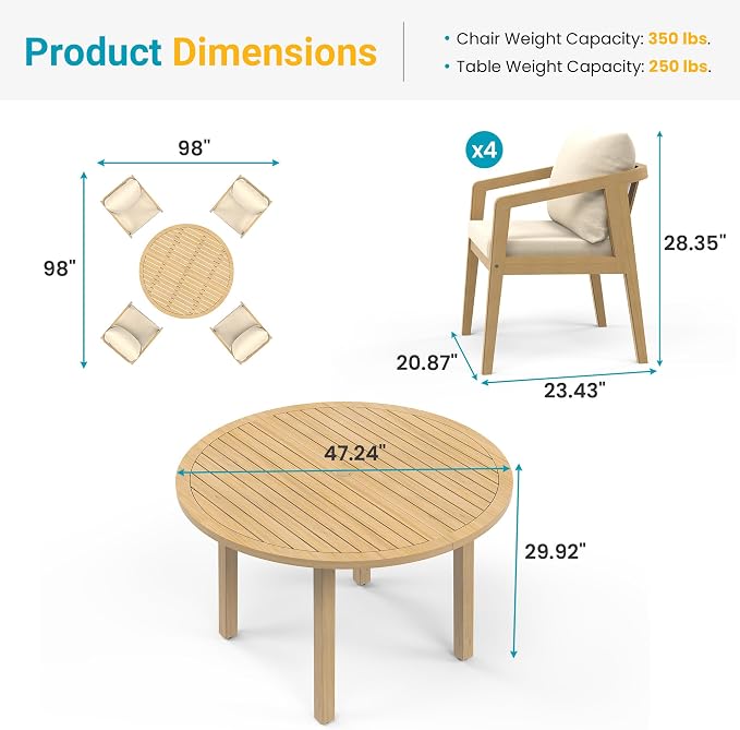 FansaFurn 5 Pieces Acacia Outdoor Patio Table and Chairs Set for All-Weather, Outside Furniture with Table Umbrella Hole and Removable Cushion for 4, Backyard Furniture Set for Patio, Garden, Beige