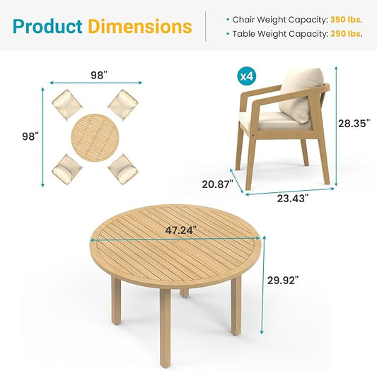 FansaFurn 5 Pieces Acacia Outdoor Patio Table and Chairs Set for All-Weather, Outside Furniture with Table Umbrella Hole and Removable Cushion for 4, Backyard Furniture Set for Patio, Garden, Beige
