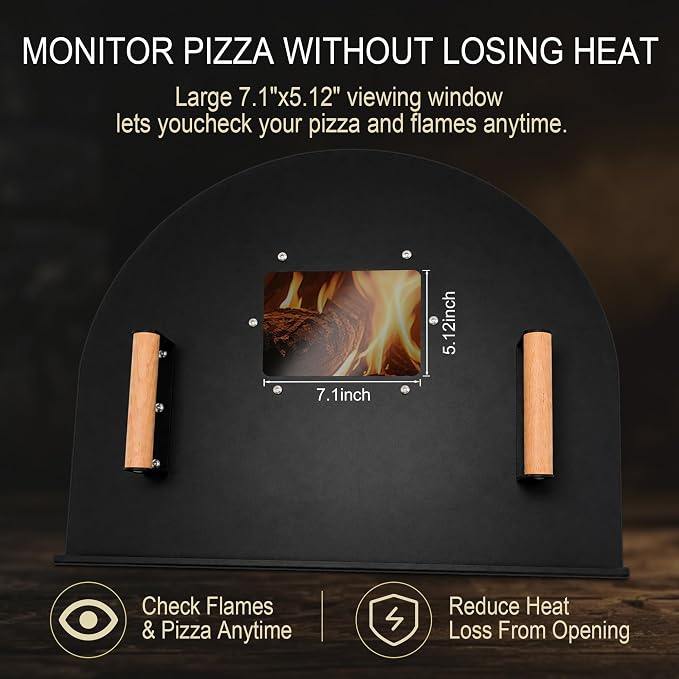 25x20 Inch Pizza Oven Door, Heavy Duty Metal Brick Oven Door | with Large Quartz Viewing Window & Wooden Handles, for DIY Brick Ovens & Outdoor Wood-Fired Cooking