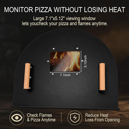25x20 Inch Pizza Oven Door, Heavy Duty Metal Brick Oven Door | with Large Quartz Viewing Window & Wooden Handles, for DIY Brick Ovens & Outdoor Wood-Fired Cooking