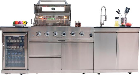 104 Inch Modular Outdoor Kitchen Island,4-Burner 72000 BTU Stainless Steel Propane Gas Outdoor Kitchen Barbecue Island with Electric Rotisserie,Sink,BBQ Grill,Refrigerator and Cabinets (Silver)
