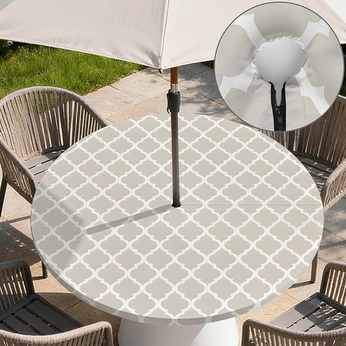 Outdoor Tablecloth with Umbrella Hole and Zipper Fits 49-52" Tables | Waterproof Round Fitted Tablecloth with Elastic Edge, Wipeable Outdoor Table Cover for Patio, Garden, Picnic