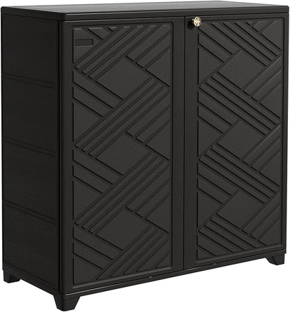 Mrosaa Outdoor/Indoor Storage Box,Resin and Plastic Storage Cabinet Waterproof,Outdoor Cabinet for Patio/Garden/Balcony/Backyard/All Room(with 2 Shelves)-Black