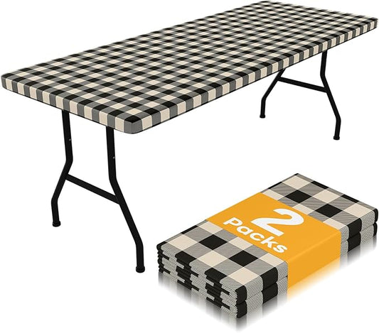 Smiry Picnic Table Cloth 2 Pack, Waterproof Elastic Fitted Tablecloths for 6FT Rectangle Tables, Washable Polyester Buffalo Plaid Tablecloth for Camping, Dining & Outdoor (Black & Beige, 30" x 96")