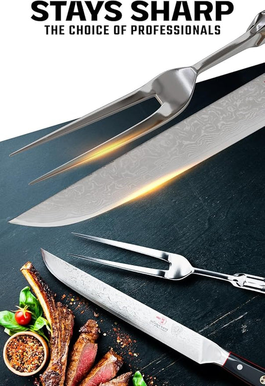Dalstrong Slicing Brisket Knife Set Meat Fork - Carving Set - AUS-10V Japanese Steel - Premium G10 Handle - Sheath - Shogun Series Butcher Knife - Carving Knife - Slicer Boning Knife for Meat Cutting