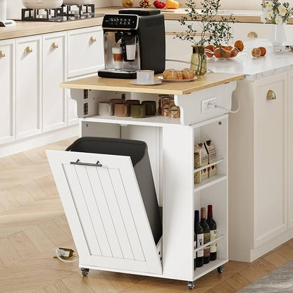 HOOBRO Kitchen Island with Trash Can Storage, Rolling Kitchen Island with Drop Leaf Countertop, Island Table with Power Outlet & Spice Rack, for 10 Gallon Garbage Bin, White and Natural WN33UZD01