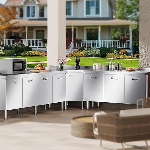 ZZV 55" x 21" Stainless Steel Table Cabinet for Prep & Work, Heavy Duty Prep Table with 3 Pull-Out Doors, Commercial Workbench with Cabinet for Kitchen, Restaurant, Hotel, Garage, and Warehouse