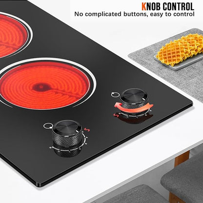 2 Burner Electric Cooktop 110V, 12 Inch Electric Cook Top Plug in, 2000W Electrics Stove with Knob Control, Countertop & Built-in Ceramic Stovetop, 9 Heating Level, Residual Heat Indicator