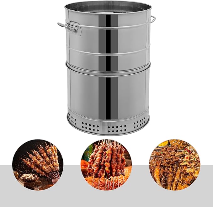 Large Portable Barrel Charcoal Grills Stainless Steel Freestanding BBQ Grill Barrel 360° Smokeless Barbecue Grill for Travel Camping Picnic Patio Backyard (50 Skewers)