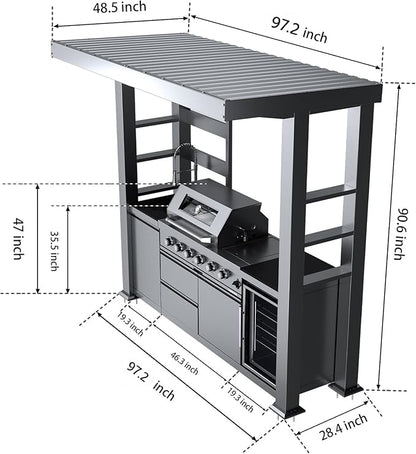 Outdoor Kitchen Island Gas Grill Barbecue Station with Refrigerator Rotisserie Side Burner Granite Countertop Storage Cabinets Drawers Faucet Sink Roof Lights Wheels Thermometer Warming Rack (Silver)