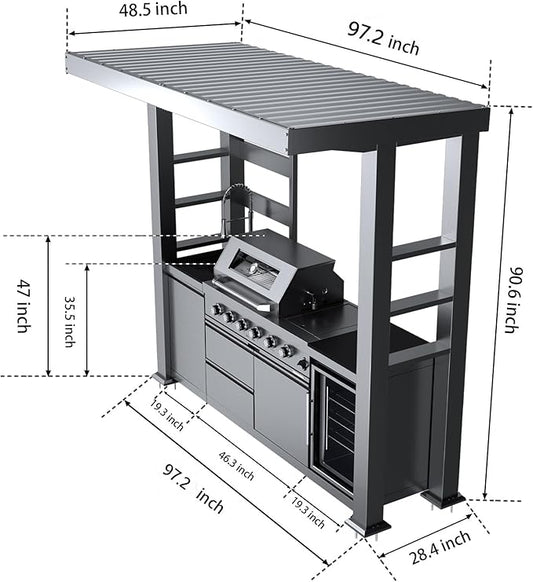 Outdoor Kitchen Island Gas Grill Barbecue Station with Refrigerator Rotisserie Side Burner Granite Countertop Storage Cabinets Drawers Faucet Sink Roof Lights Wheels Thermometer Warming Rack (Silver)