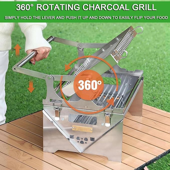 Portable 360°Rotating Charcoal Grill,Portable BBQ with Removable Tray & Adjustable Steel Frame, 3-Position Height Adjustment,Easy to Disassemble,Easy to Transport