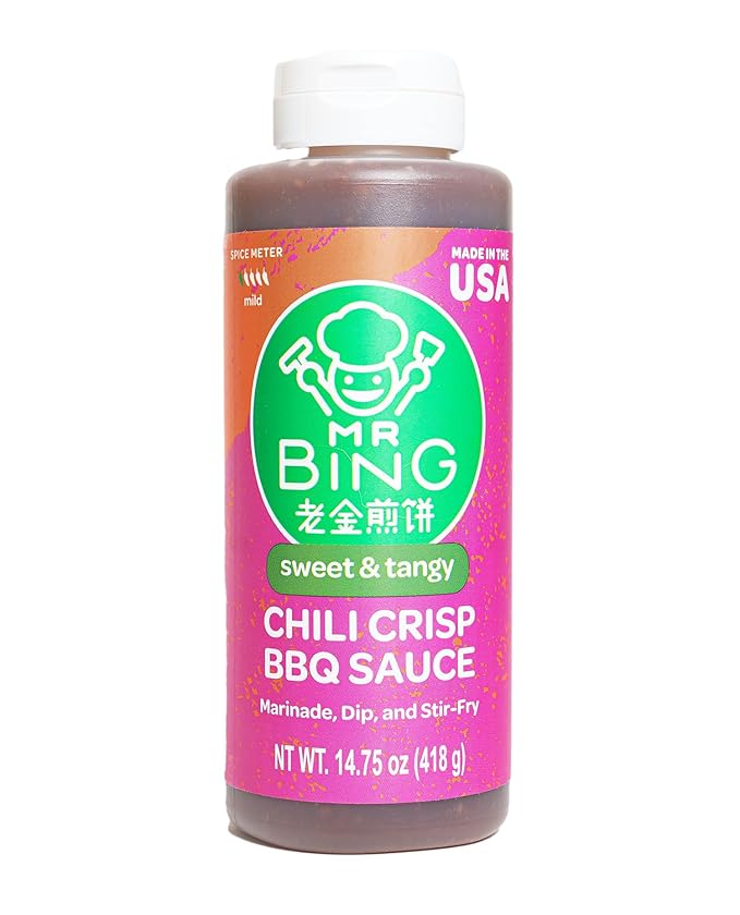 Mr Bing Sweet & Spicy Chili Crisp BBQ Sauce, 14.75 oz, Marinade Dip and Stir-Fry Sauce, Made in USA, Gluten-Free, MSG Free (Pack of 1) (Sweet & Tangy Mild Chili Crisp BBQ)