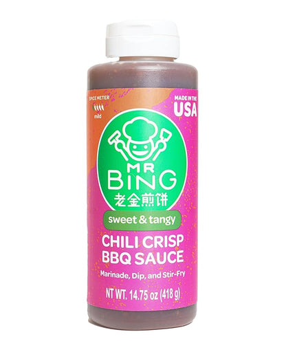 Mr Bing Sweet & Spicy Chili Crisp BBQ Sauce, 14.75 oz, Marinade Dip and Stir-Fry Sauce, Made in USA, Gluten-Free, MSG Free (Pack of 1) (Sweet & Tangy Mild Chili Crisp BBQ)