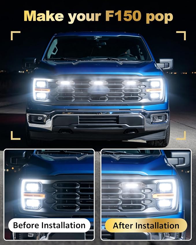 Front Grill Raptor Lights for Ford F150 2024 2025 2026 (White, XL) | 5th Gen F150 Grille Marker Lights, Waterproof F150 LED Lights Accessories, Snap-in Installation, OEM Style, Off-road Driving