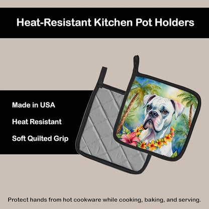 Caroline's Treasures White Boxer Luau Pair of Pot Holders Kitchen Heat Resistant Pot Holders Sets Oven Hot Pads for Cooking Baking BBQ, 7 1/2 x 7 1/2