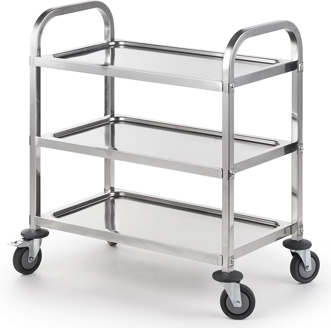 Stainless Steel Serving Trolley, 30" L x 16" W x 33" H 3 Tiered Shelf Kitchen Utility Cart, Rolling Casters Brake Wheel, Commercial Pro for Restaurant/Hotel/Lab/Clinic/Salon/Workshop