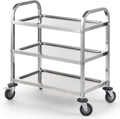 Stainless Steel Serving Trolley, 30" L x 16" W x 33" H 3 Tiered Shelf Kitchen Utility Cart, Rolling Casters Brake Wheel, Commercial Pro for Restaurant/Hotel/Lab/Clinic/Salon/Workshop